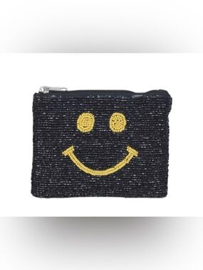 Beaded Smiley Zip Pouch in Black and Yellow